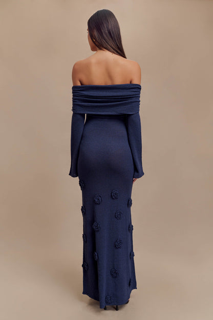 Knit Off-Shoulder 3D Flower Maxi Dress