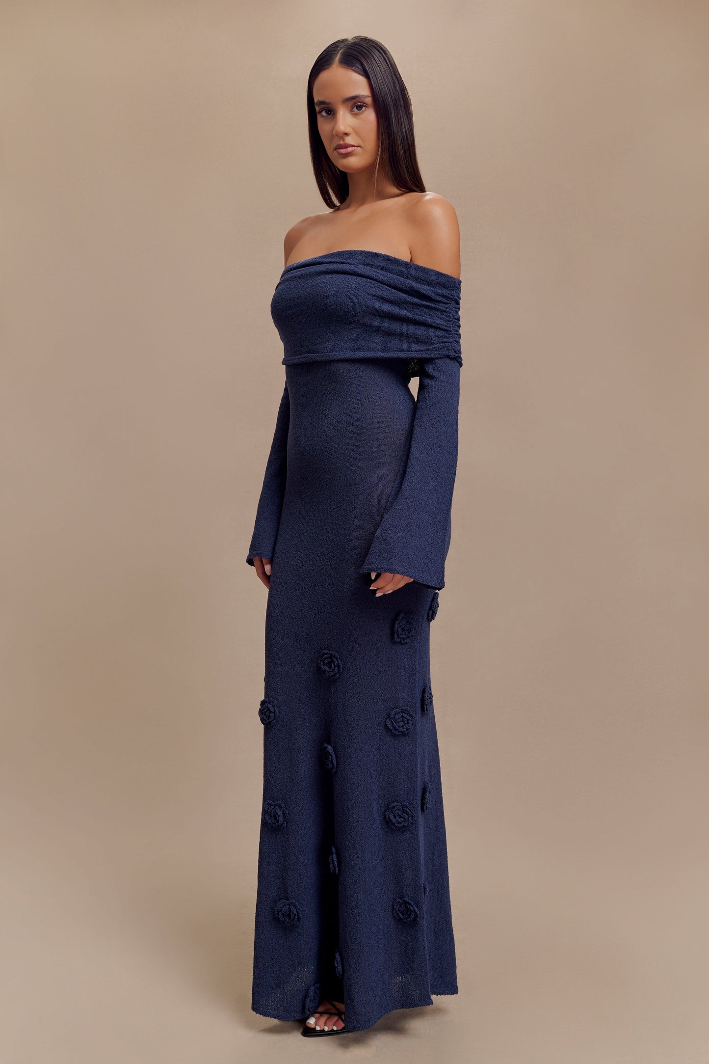 Knit Off-Shoulder 3D Flower Maxi Dress
