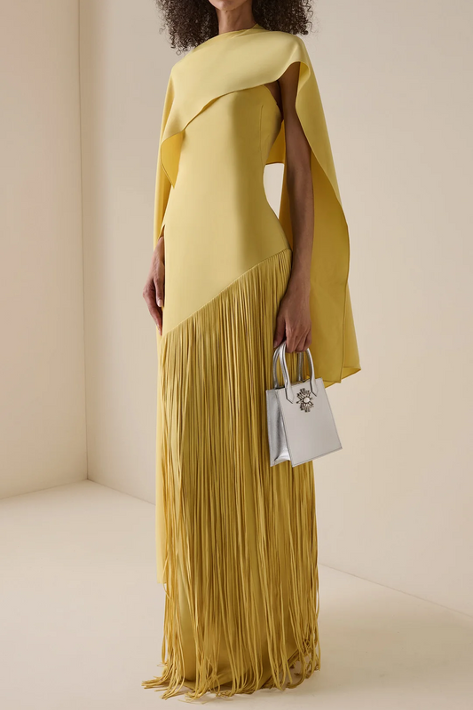 Solid Satin Tassel Maxi Dress With Cape