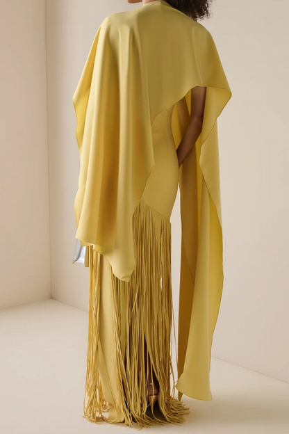 Solid Satin Tassel Maxi Dress With Cape