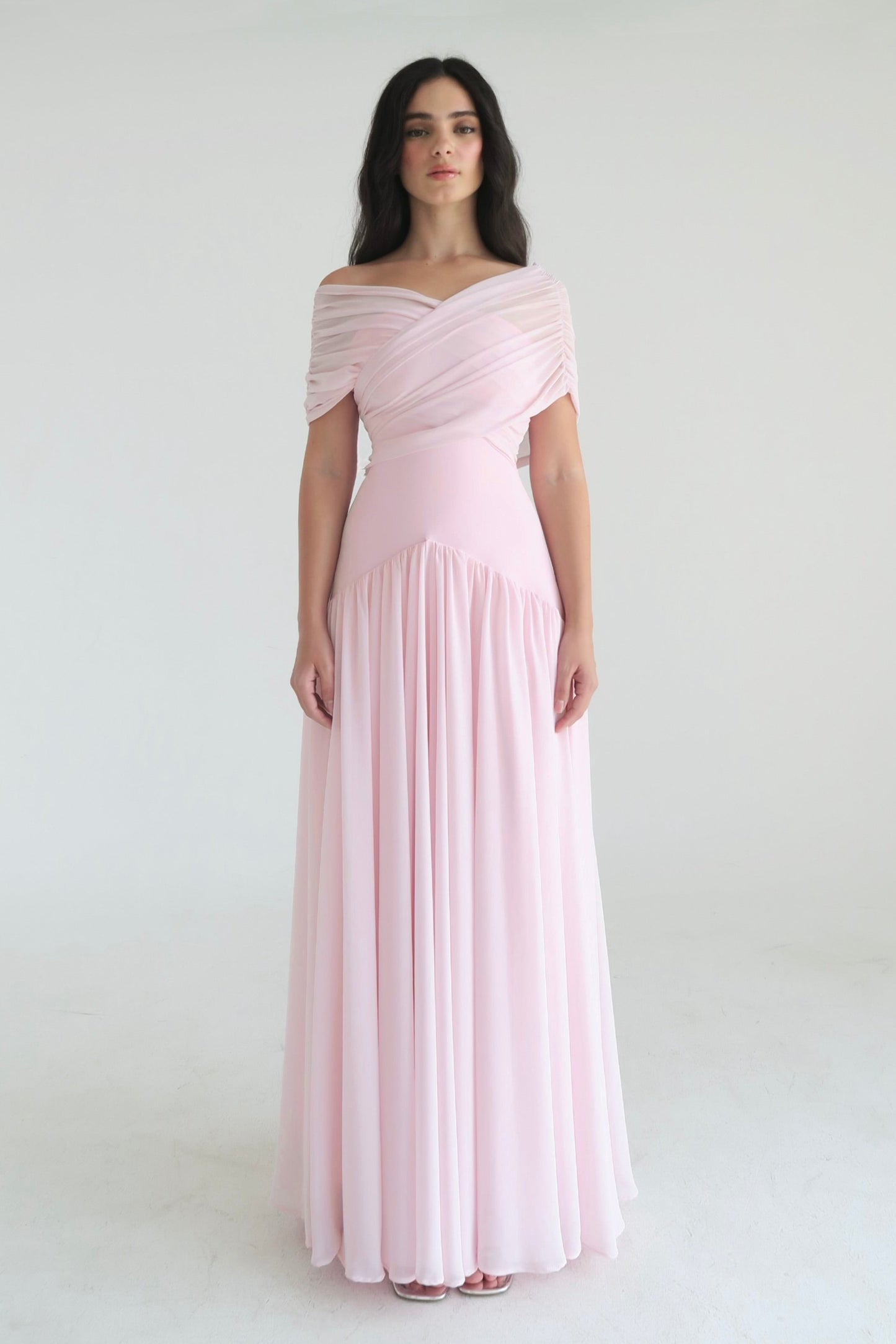 Gathering Solid Off Shoulder Maxi Dress