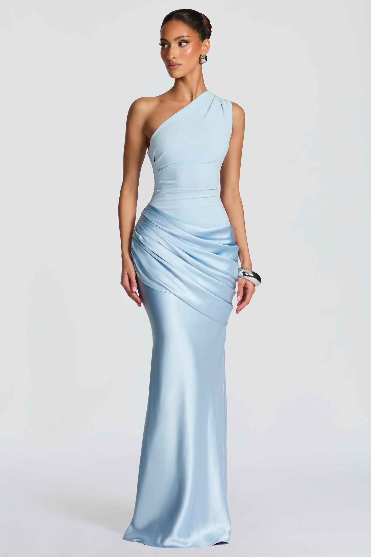 Satin Ruched One Shoulder Maxi Dress