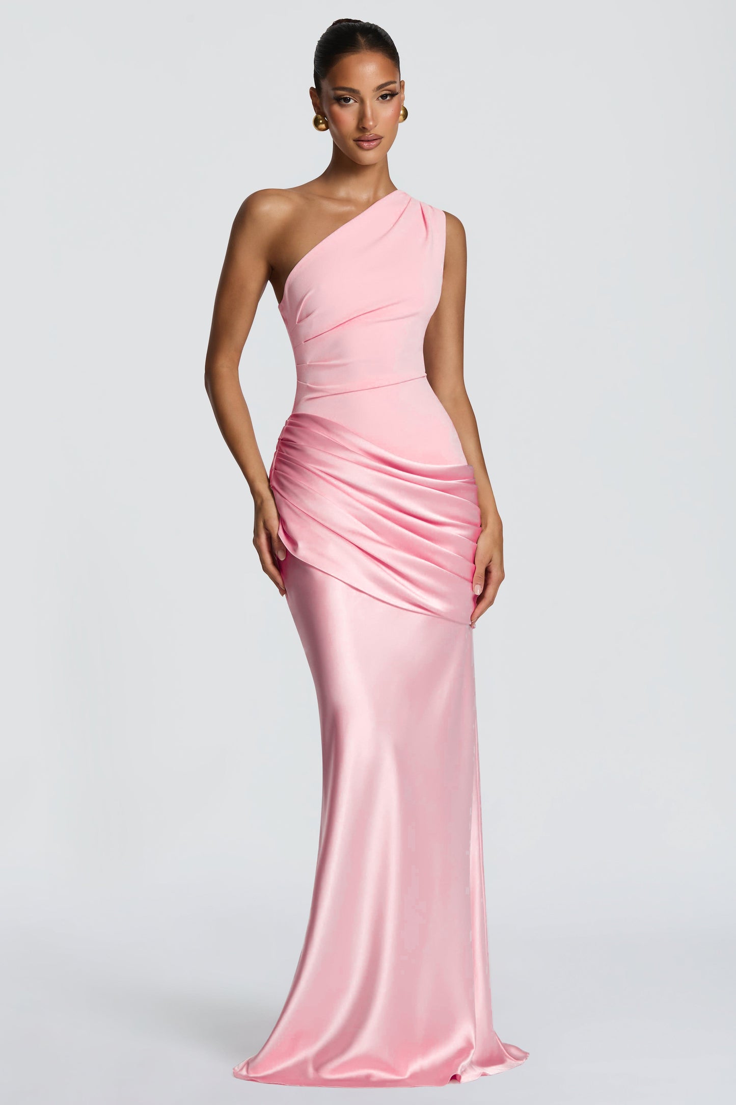Satin Ruched One Shoulder Maxi Dress
