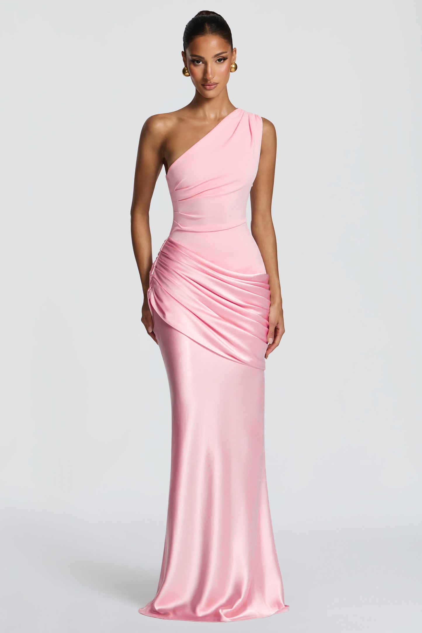 Satin Ruched One Shoulder Maxi Dress