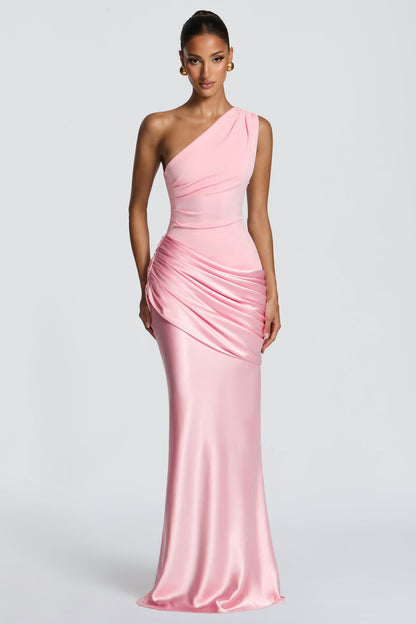 Satin Ruched One Shoulder Maxi Dress