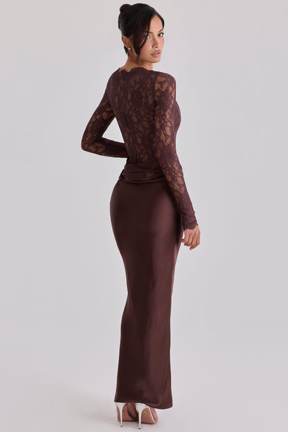 Lace Splicing Satin Long Sleeve Maxi Dress