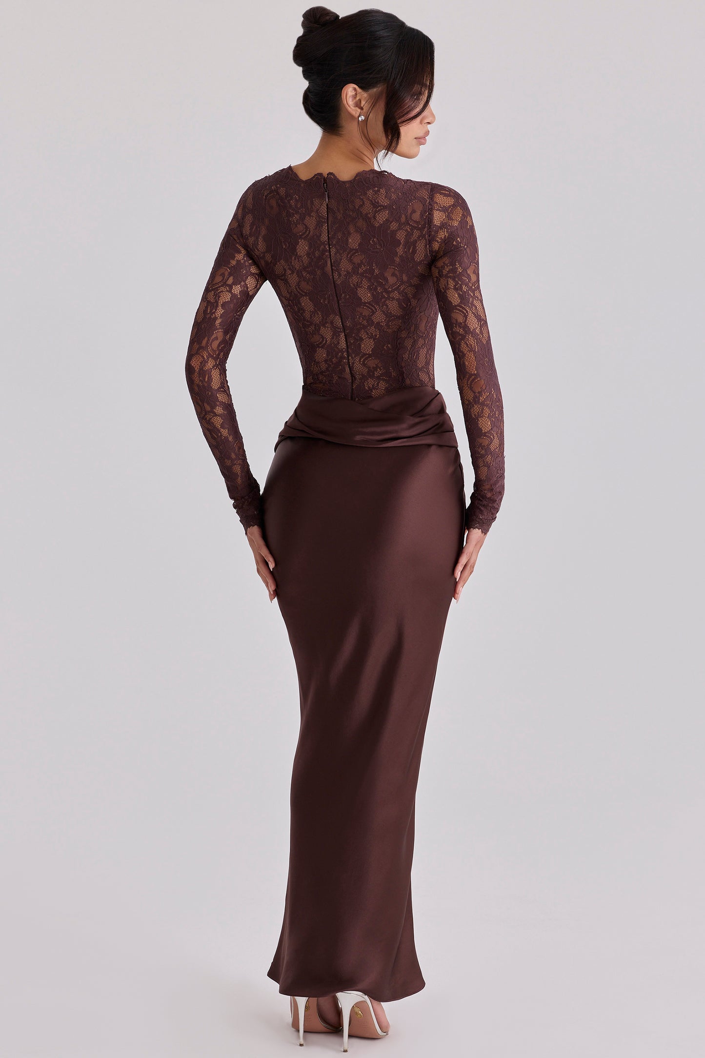 Lace Splicing Satin Long Sleeve Maxi Dress