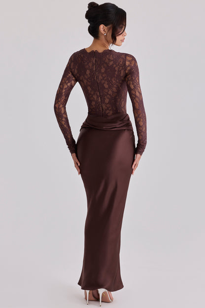 Lace Splicing Satin Long Sleeve Maxi Dress
