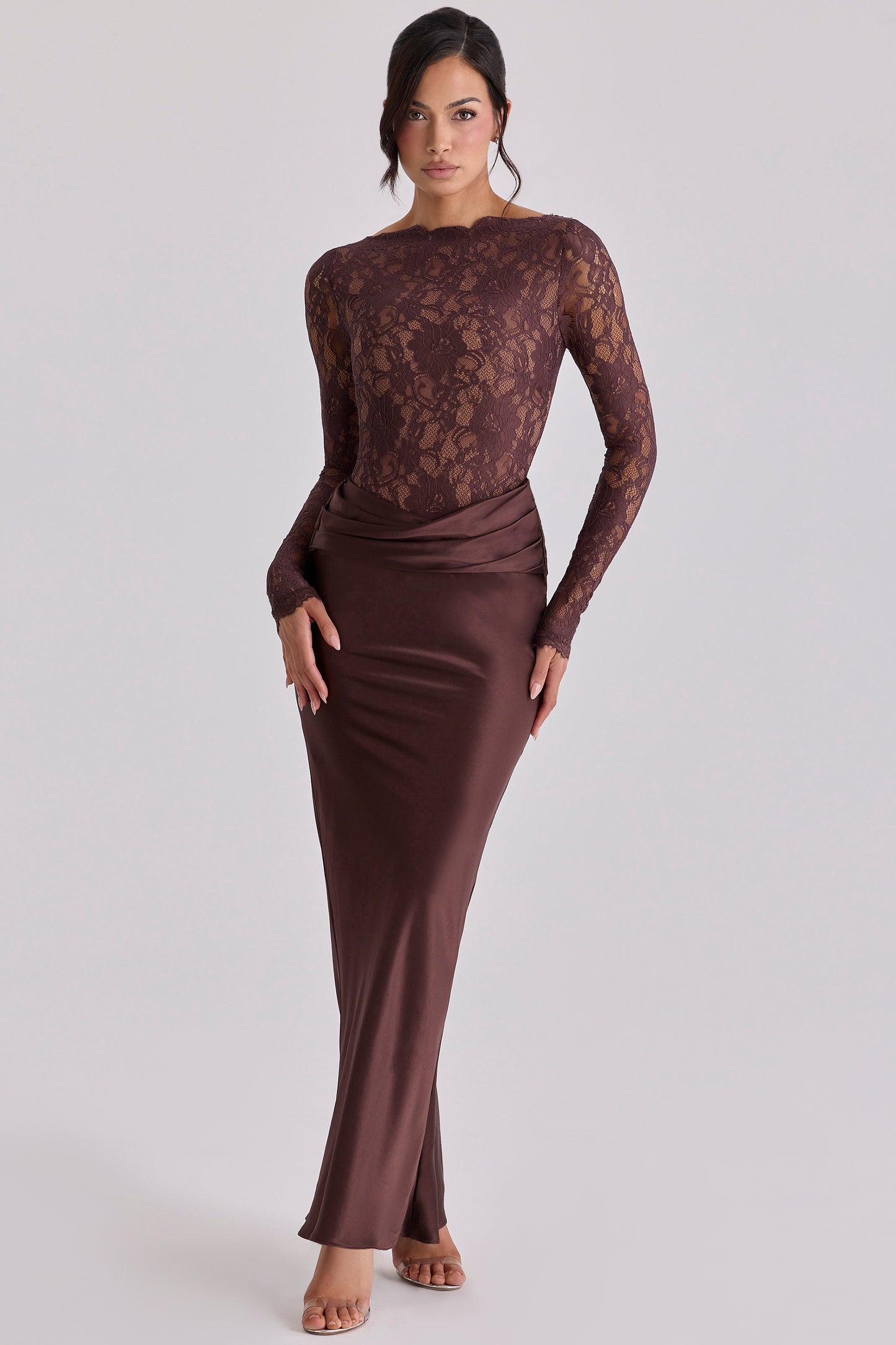 Lace Splicing Satin Long Sleeve Maxi Dress
