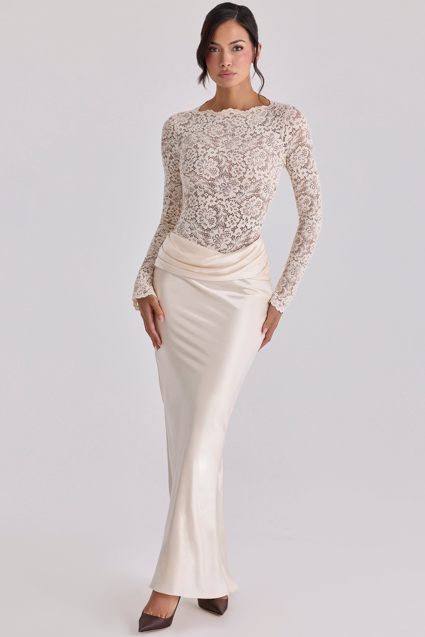 Pleat Lace Long Sleeve Bodycon Maxi Dress