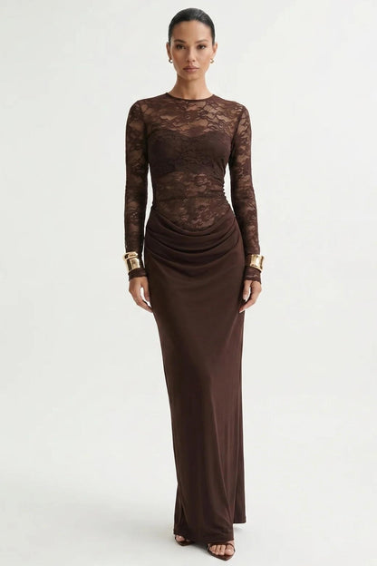 Lace Long Sleeve Ruched Maxi Dress