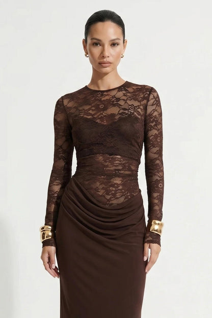 Lace Long Sleeve Ruched Maxi Dress