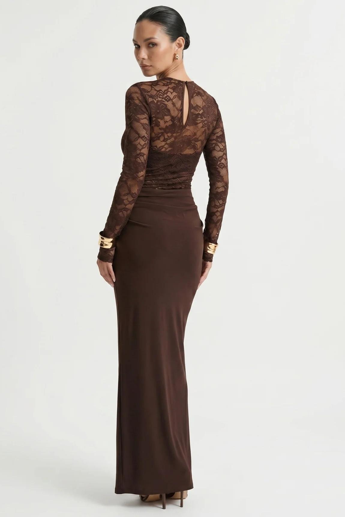 Lace Long Sleeve Ruched Maxi Dress