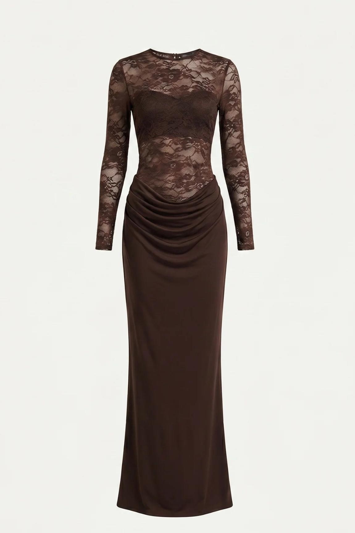 Lace Long Sleeve Ruched Maxi Dress