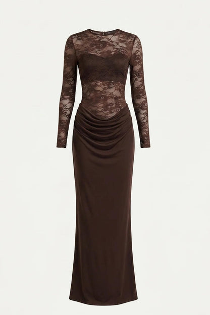 Lace Long Sleeve Ruched Maxi Dress