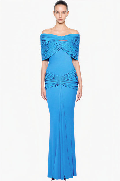 Off Shoulder Gathering Metal Decorations Maxi Dress