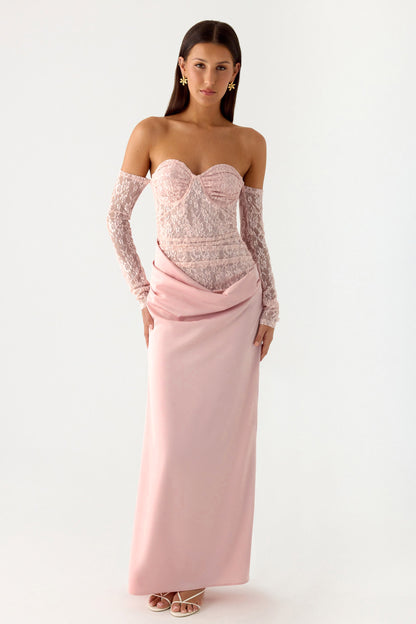 Lace Satin Sweetheart Neck Midi Dress