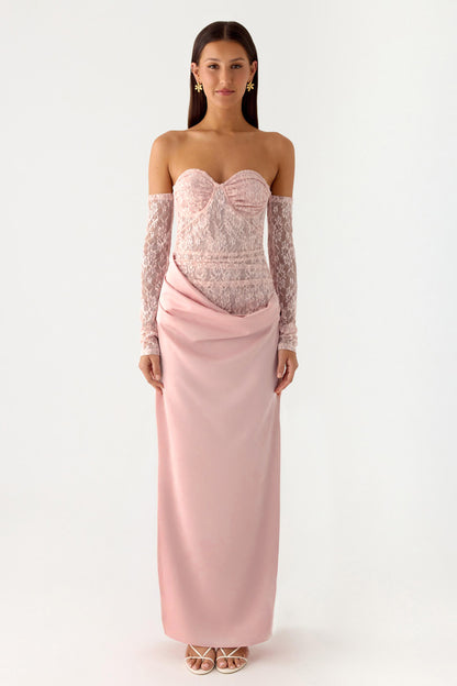 Lace Satin Sweetheart Neck Midi Dress