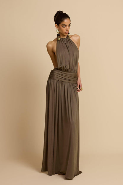 Halter Neck Backless Gathering Maxi Dress