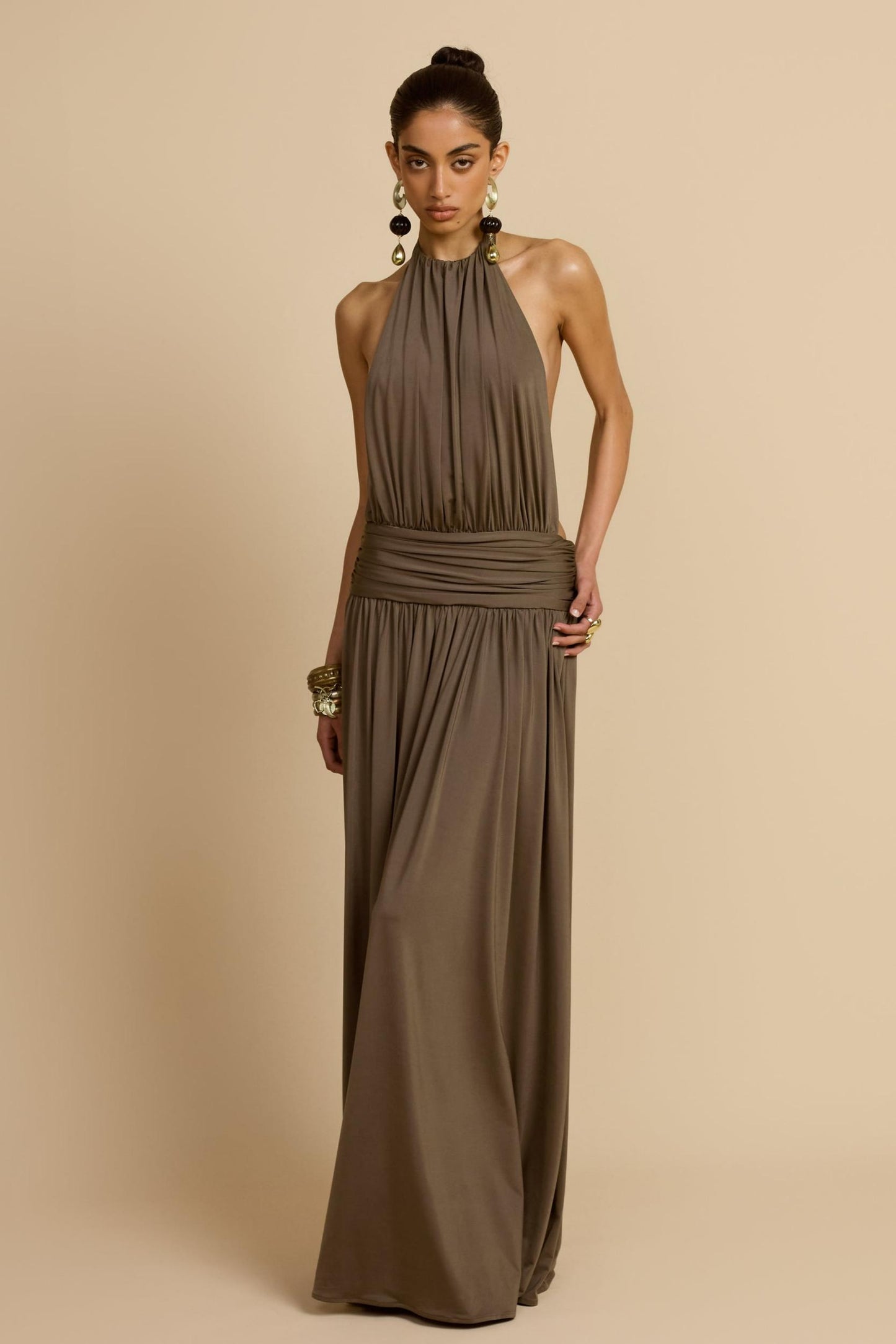 Halter Neck Backless Gathering Maxi Dress