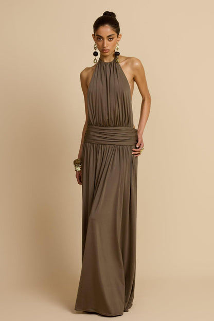 Halter Neck Backless Gathering Maxi Dress