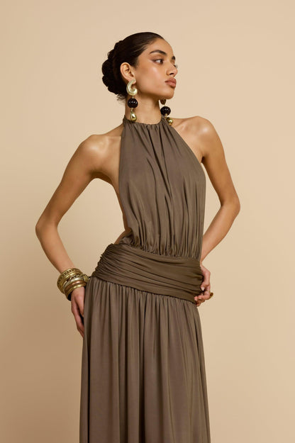 Halter Neck Backless Gathering Maxi Dress