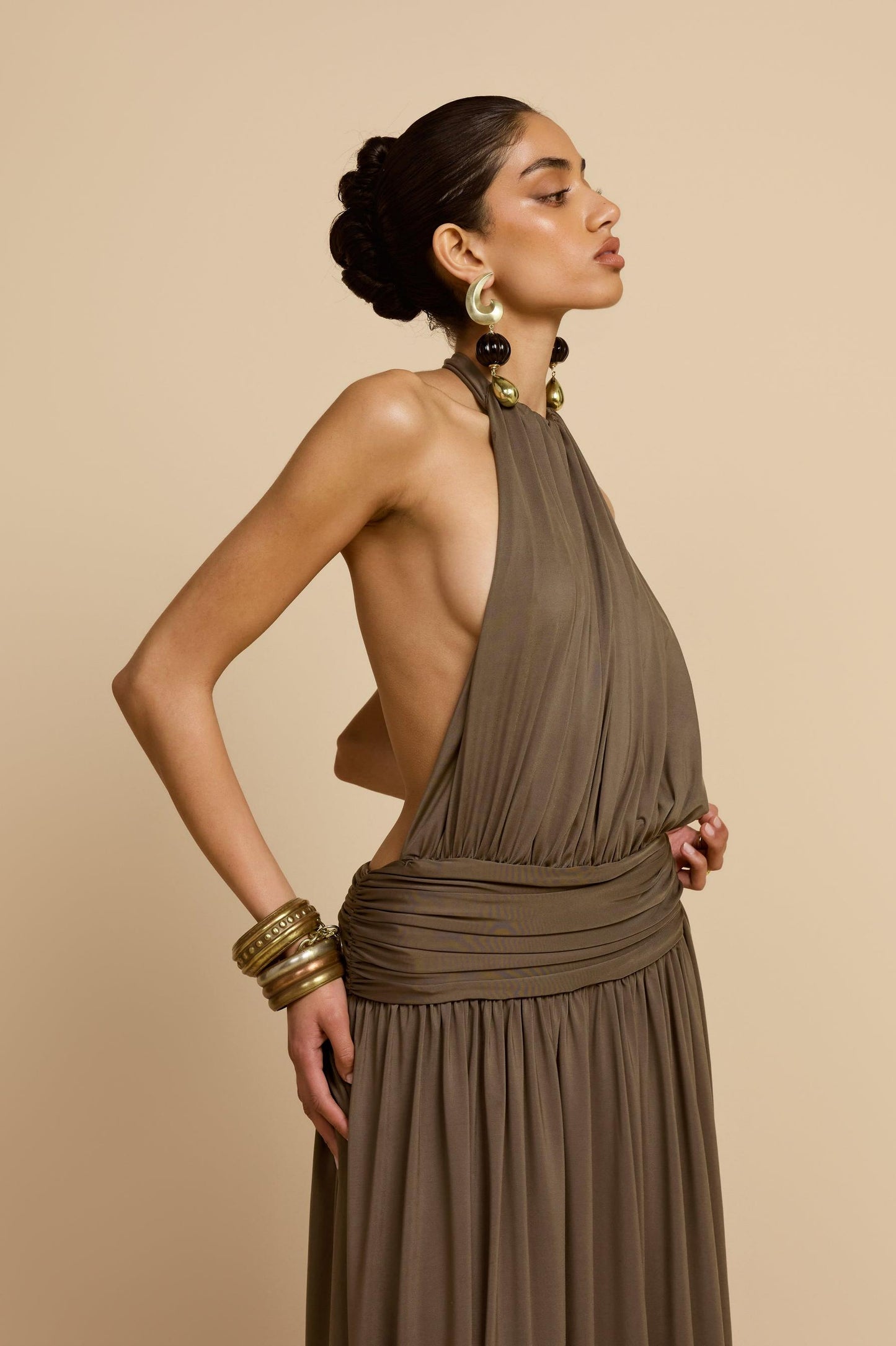 Halter Neck Backless Gathering Maxi Dress