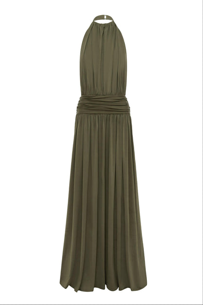 Halter Neck Backless Gathering Maxi Dress