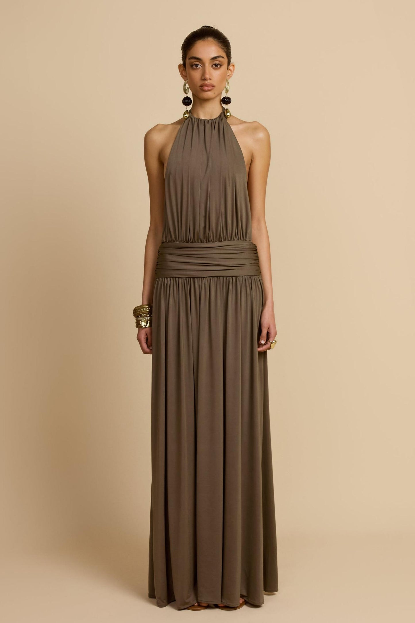 Halter Neck Backless Gathering Maxi Dress