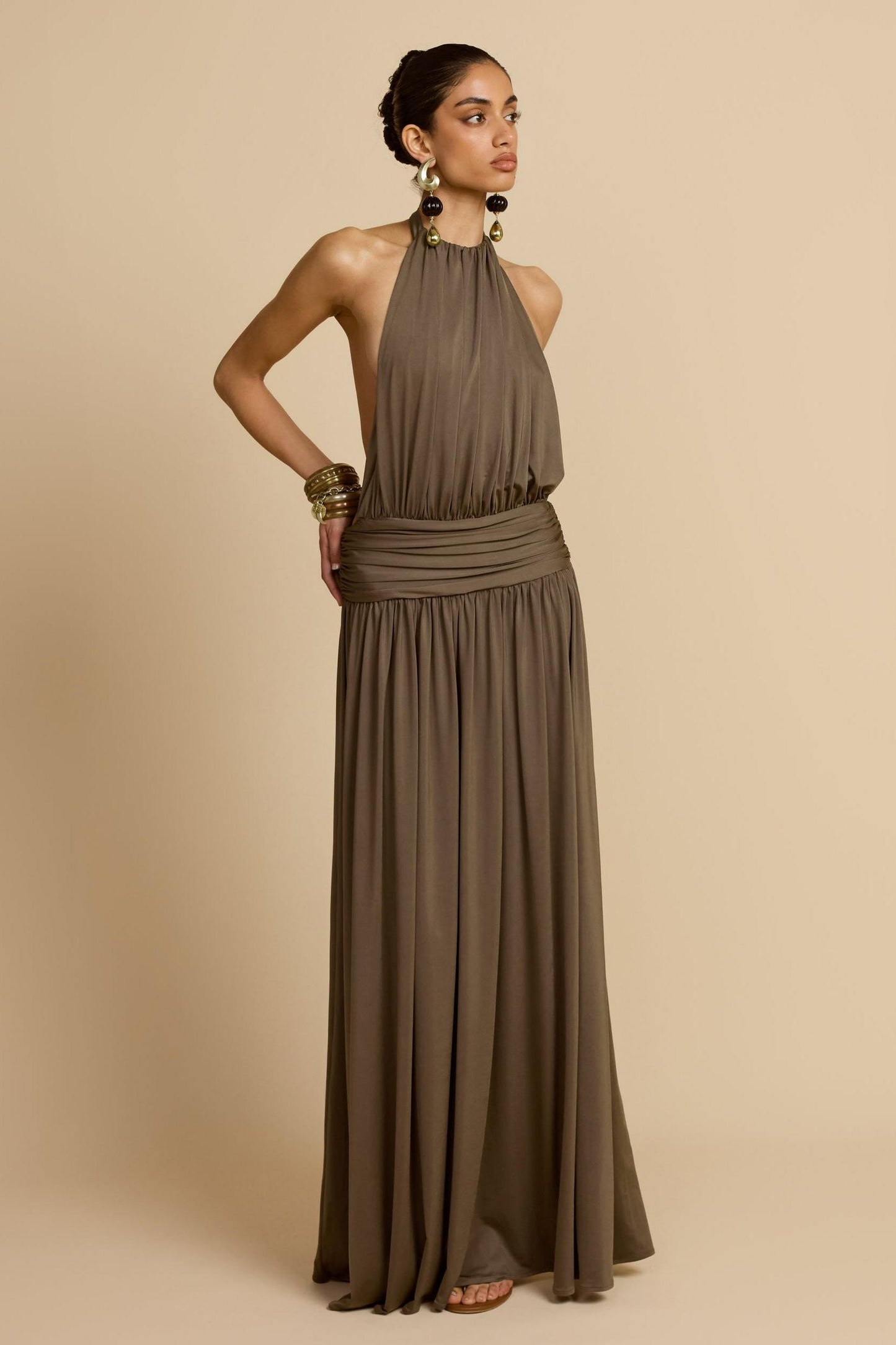 Halter Neck Backless Gathering Maxi Dress
