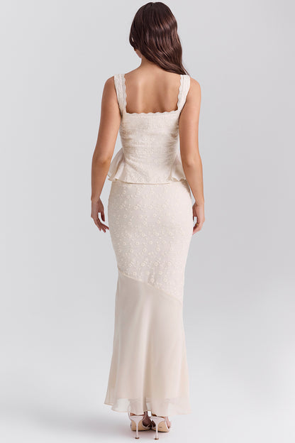 Embroidered Button Top & High Waist Midi Skirt Set