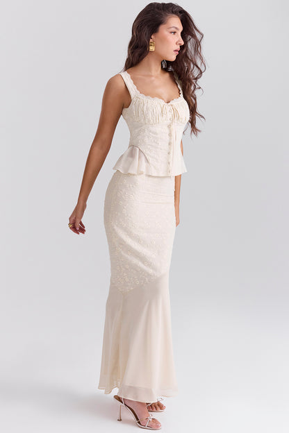 Embroidered Button Top & High Waist Midi Skirt Set