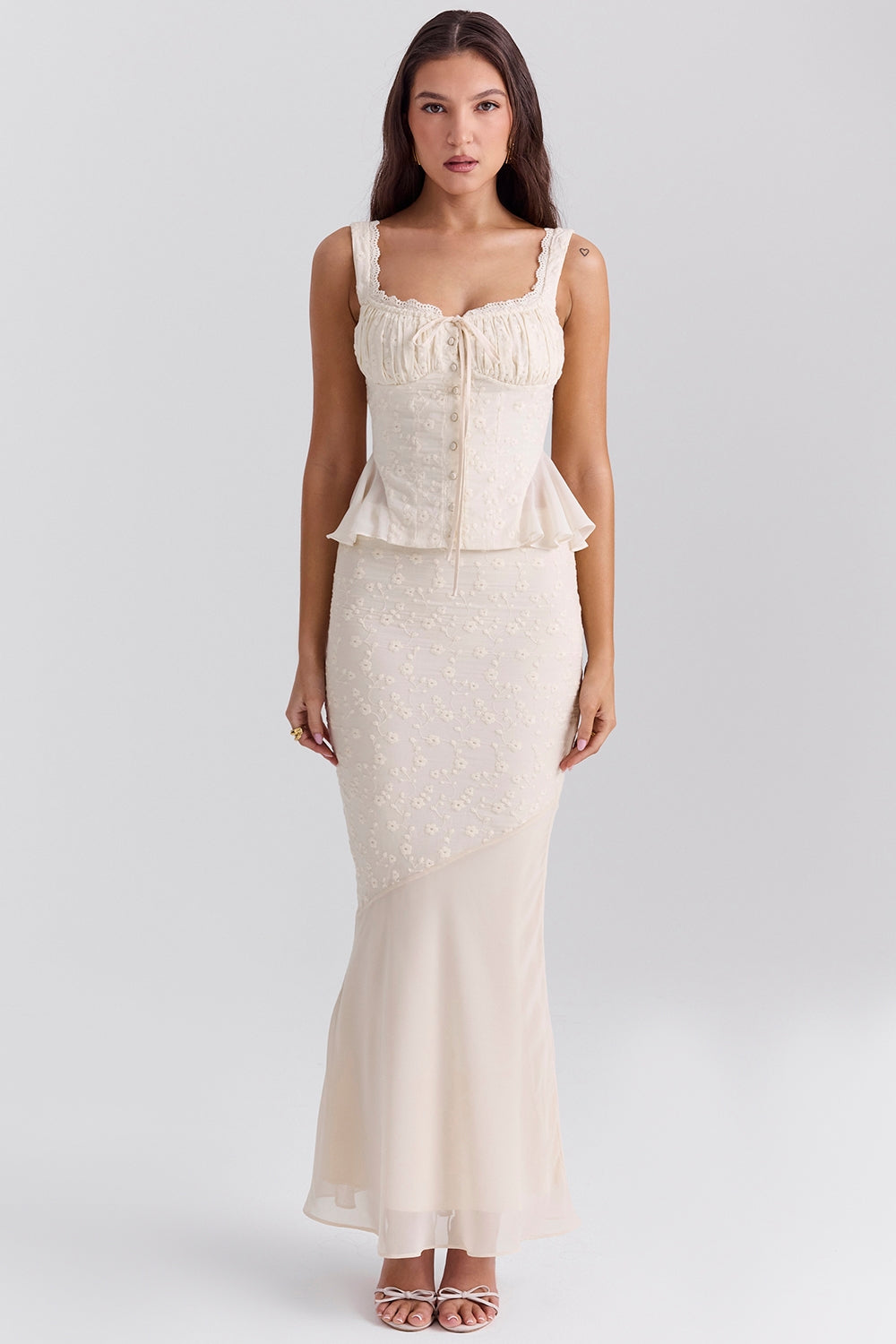 Embroidered Button Top & High Waist Midi Skirt Set