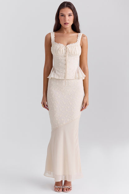 Embroidered Button Top & High Waist Midi Skirt Set