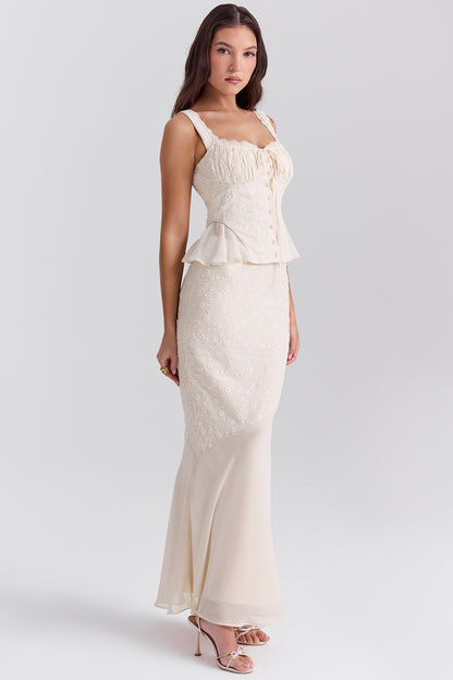 Embroidered Button Top & High Waist Midi Skirt Set