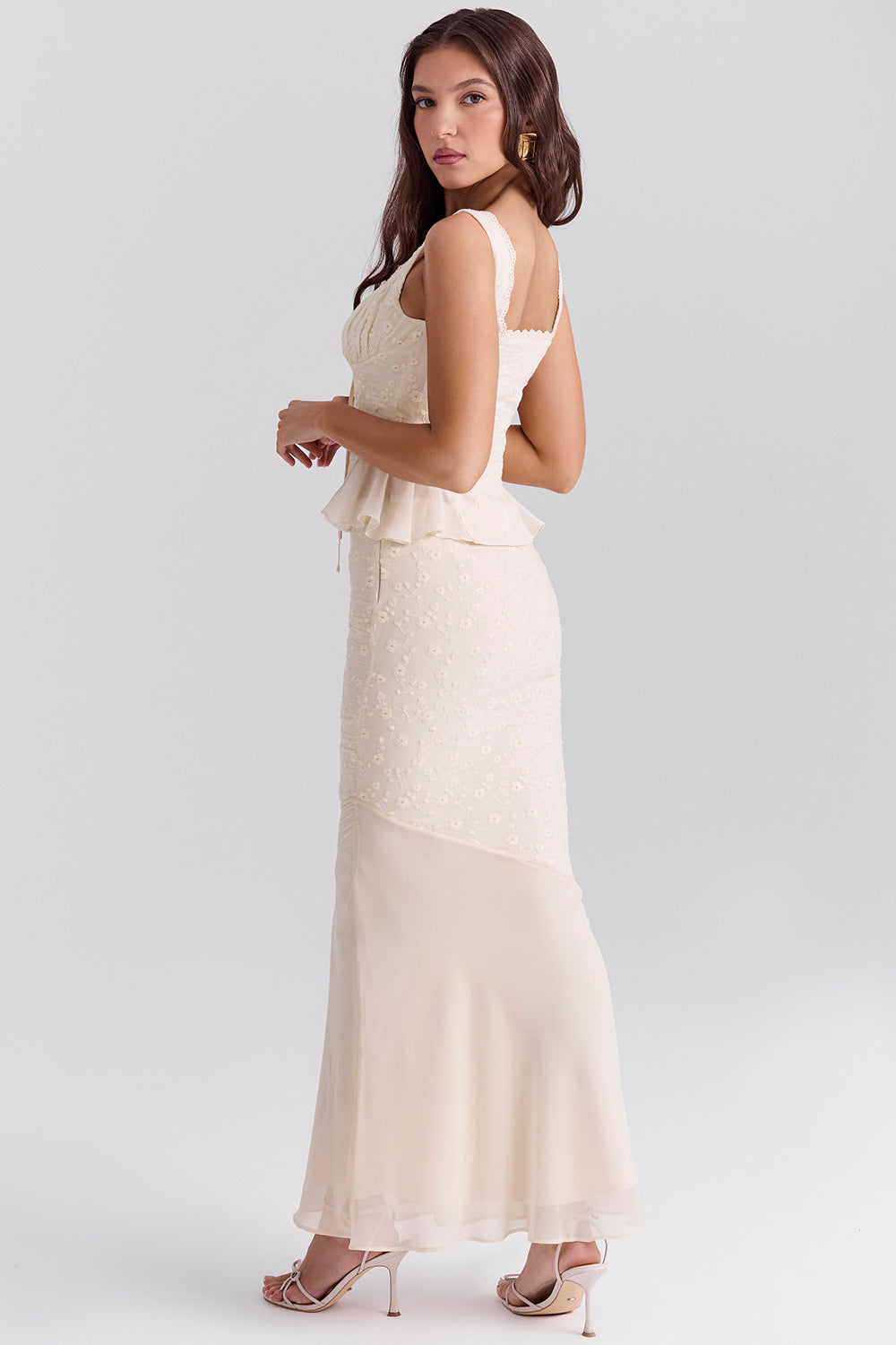 Embroidered Button Top & High Waist Midi Skirt Set