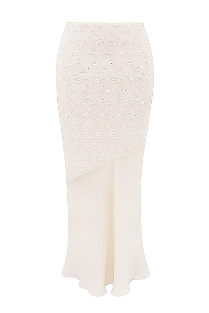 Embroidered Button Top & High Waist Midi Skirt Set