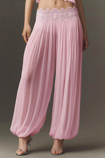Lace Ruffle Slip Top & Mid Waist Pants Set