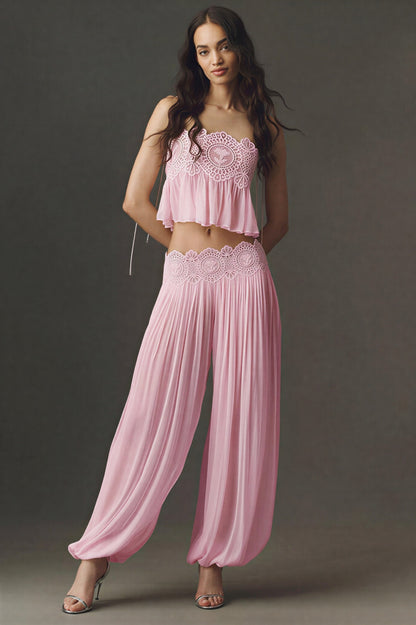 Lace Ruffle Slip Top & Mid Waist Pants Set