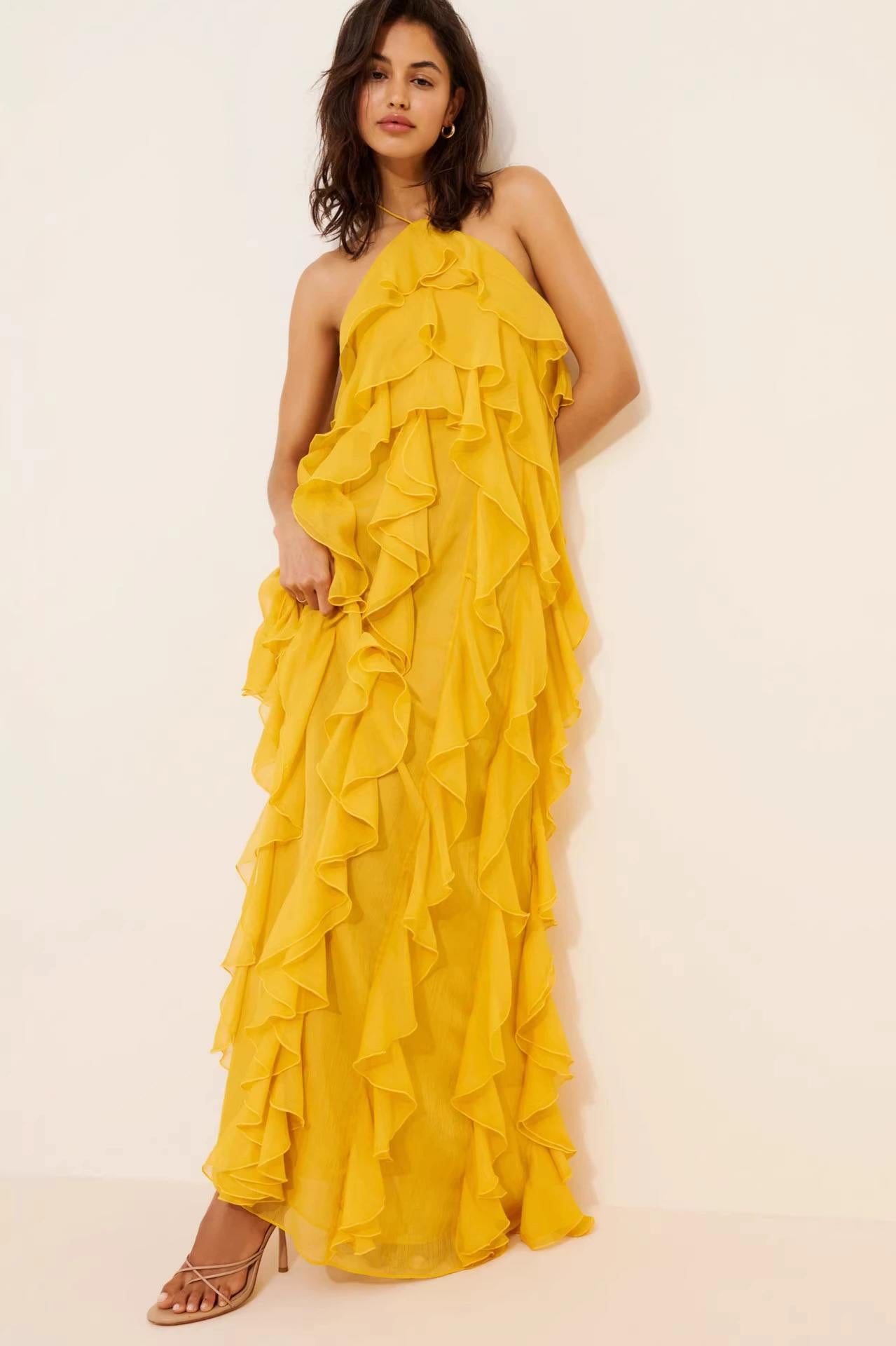 Solid Ruffle Halter Neck Maxi Dress