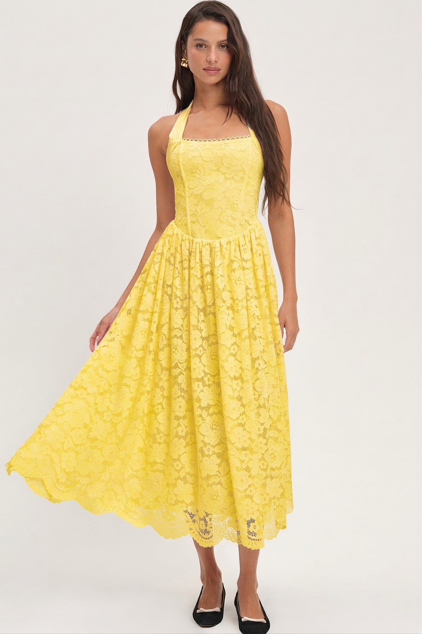 Solid Lace Halter Neck Midi Dress
