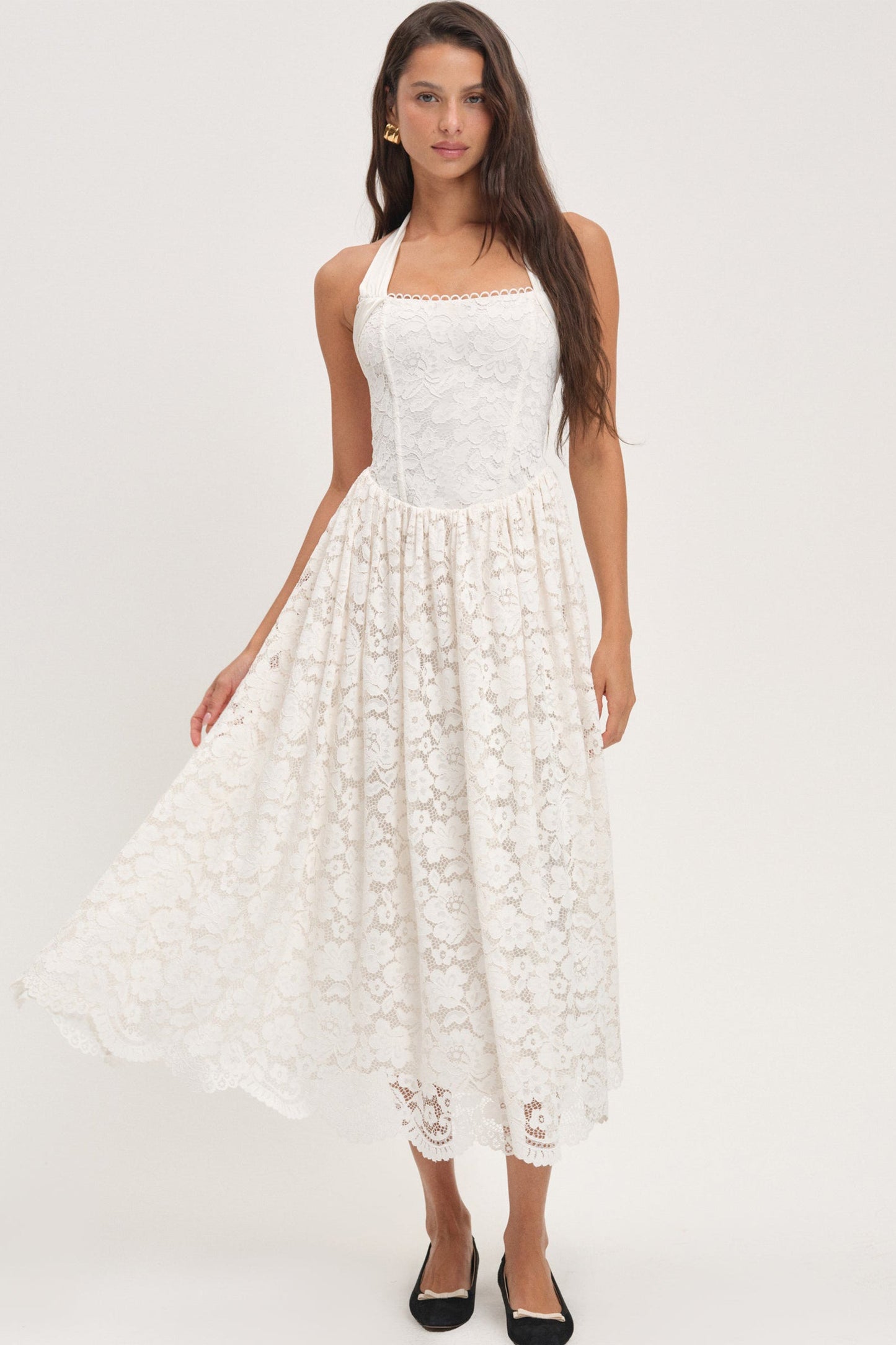 Solid Lace Halter Neck Midi Dress