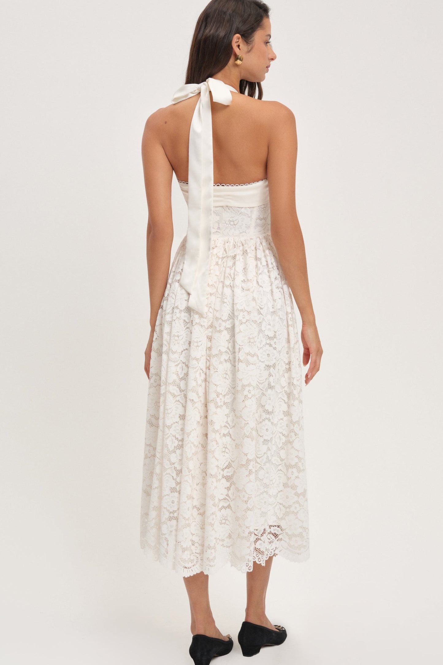 Solid Lace Halter Neck Midi Dress