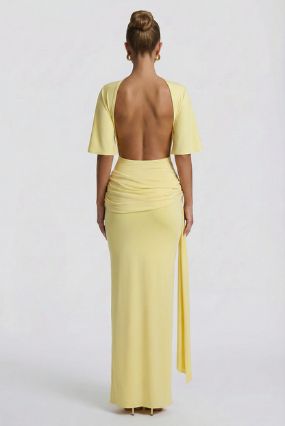Solid Gathering Backless Maxi Dress