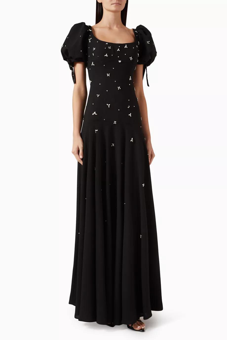 Rhinestone Round Neck Puff Sleeve Maxi Dress
