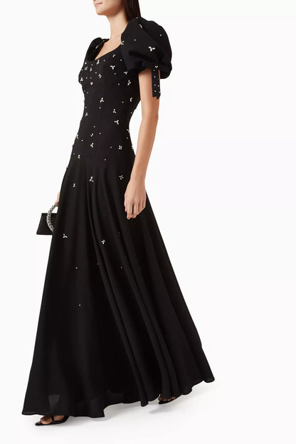 Rhinestone Round Neck Puff Sleeve Maxi Dress