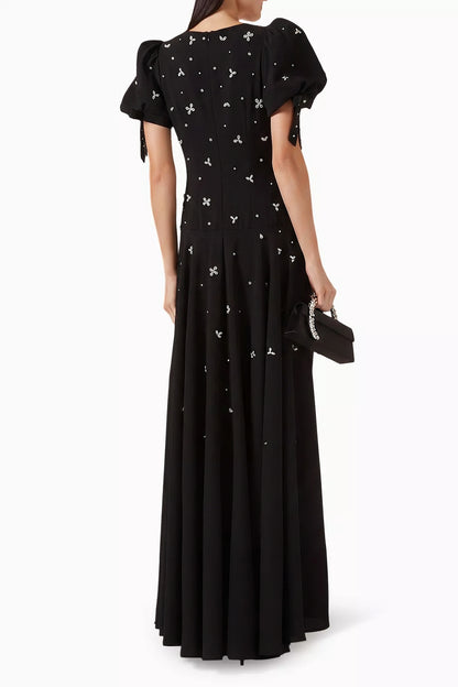 Rhinestone Round Neck Puff Sleeve Maxi Dress
