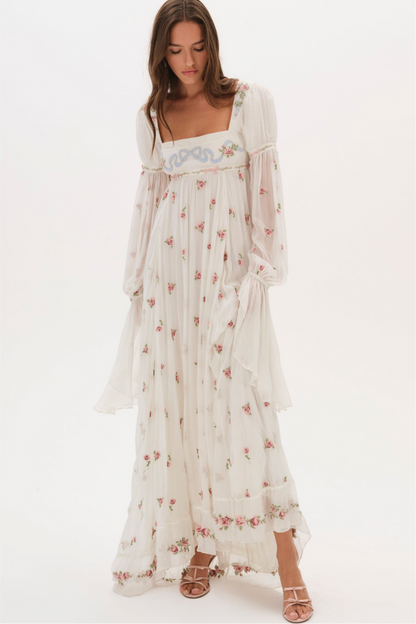 Floral Square Collar Ruffle Midi Dress