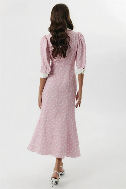 Floral Button Bow Midi Dress