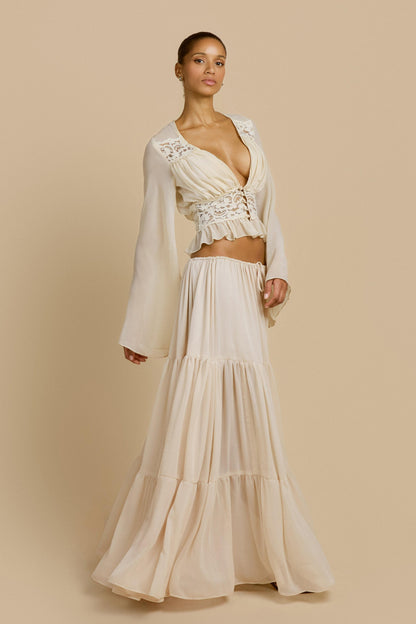 Lace Button Top & Mid Waist Maxi Skirt Set